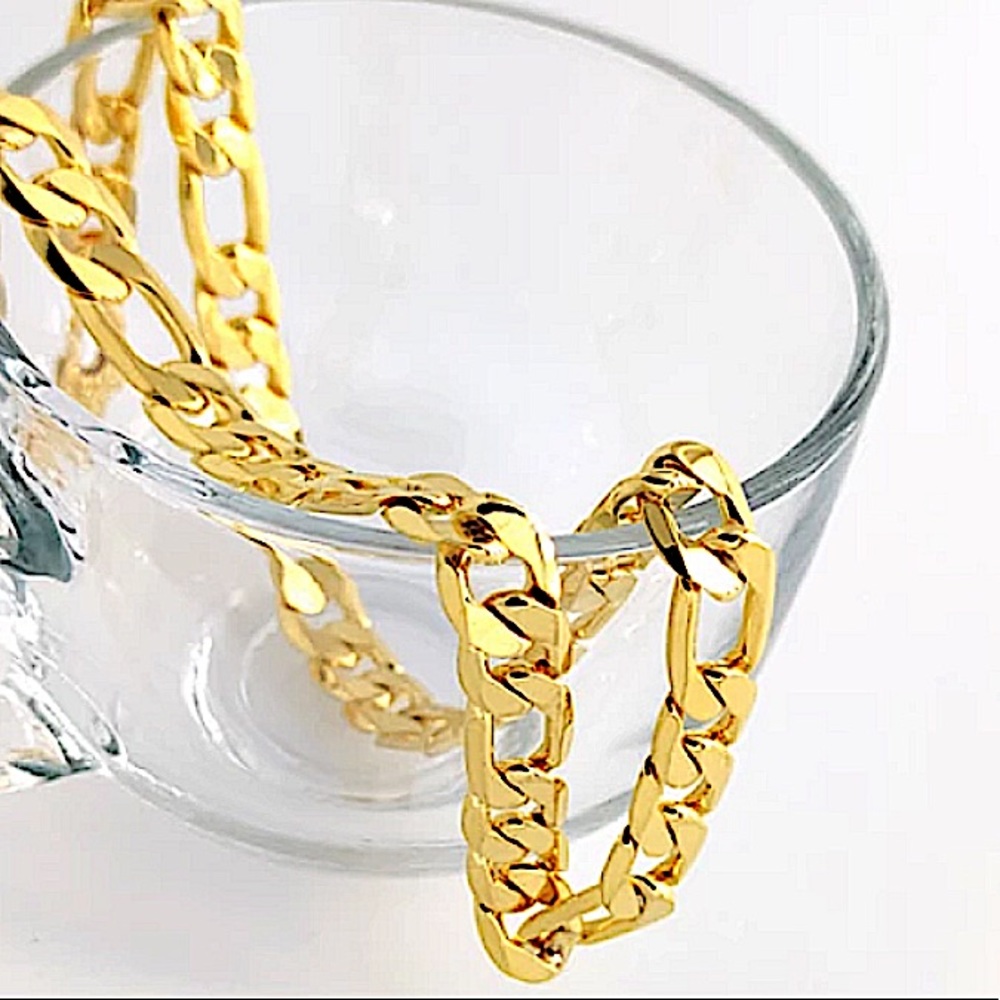 18K GOLD PLATED CUBAN FIGARO CHAIN LINK UNISEX NECKLACE BRACELET SET - Picture 7 of 14